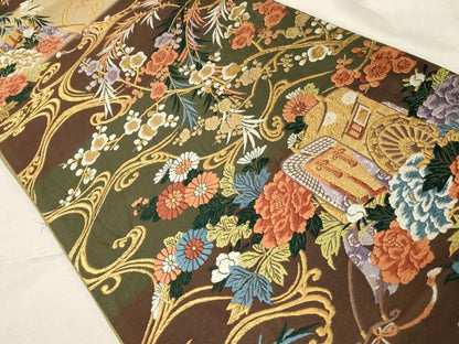 平和屋着物●六通柄袋帯 唐織紹紦 草木染 流水御所車花文 金糸 正絹 逸品 CABA9128dy