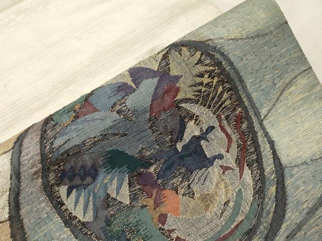 平和屋着物○手織綴れ 山鹿清華 太鼓柄袋帯 すくい織 花鳥絵皿