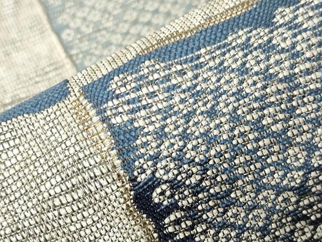 平和屋着物●太鼓柄袋帯　藍楽趣　灰汁発酵達本藍染　瓦文　銀通し地　正絹　逸品　CABA9141dy 平和屋着物○太鼓柄袋帯 藍楽趣 灰汁発酵達本藍染 瓦