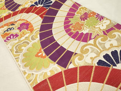 平和屋着物●六通柄袋帯 唐織 花燦々番傘紋 金銀糸 正絹 逸品 CABA9145dy