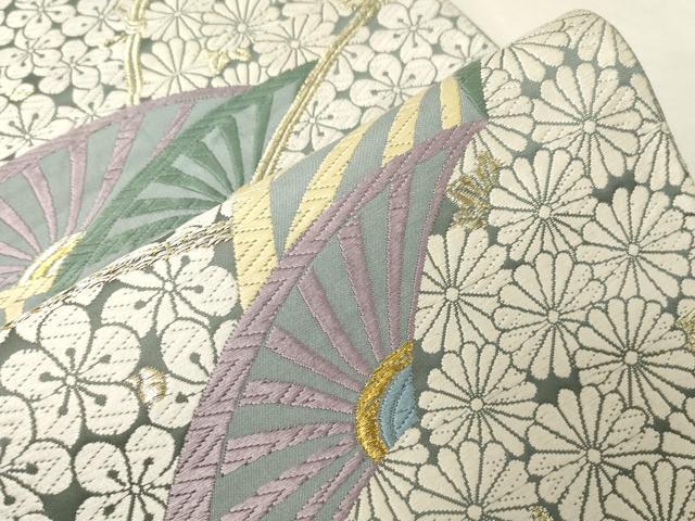 平和屋着物●六通柄袋帯　唐織　片輪車花文　金糸　正絹　逸品　CABA9166dy 平和屋着物○六通柄袋帯 唐織 片輪車花文 金糸 正絹