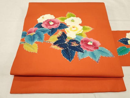 平和屋着物●塩瀬　九寸名古屋帯　友禅　草花文　正絹　逸品　CABA9178dy