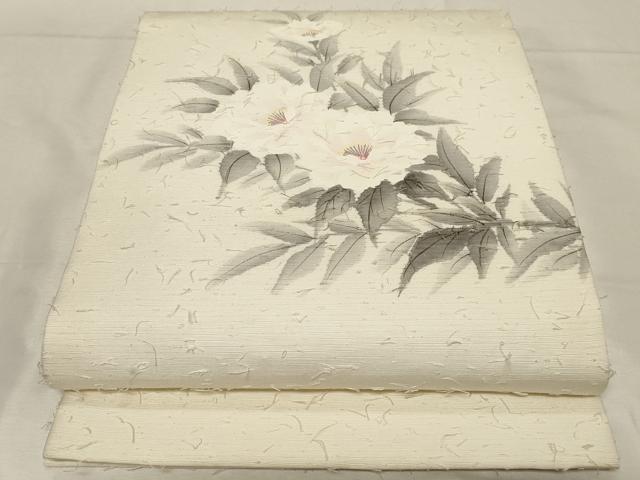 平和屋着物●九寸開き名古屋帯　髭紬　手描き　草花文　金彩　正絹　逸品　CABA9195dy
