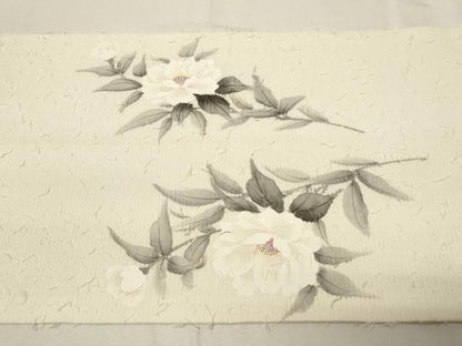平和屋着物●九寸開き名古屋帯　髭紬　手描き　草花文　金彩　正絹　逸品　CABA9195dy