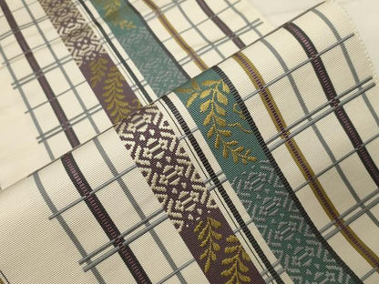 平和屋着物●本場筑前博多織　八寸名古屋帯　格子草木文　献上　正絹　逸品　CABA9200dy