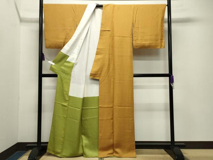 平和屋着物●上質な色無地　吉祥地紋　柑子色　正絹　逸品　CABA9647gh
