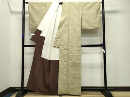 平和屋着物●生紬　抹茶色　正絹　逸品　CABA9673gh
