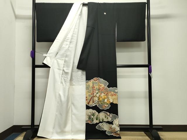 平和屋着物●豪華黒留袖　駒刺繍　雲重ね草花文　金彩　正絹　逸品　CABA9677gh