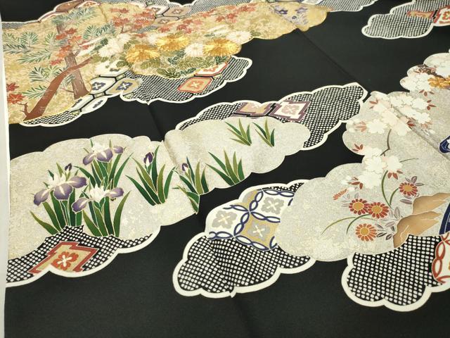 平和屋着物●豪華黒留袖　駒刺繍　雲重ね草花文　金彩　正絹　逸品　CABA9677gh