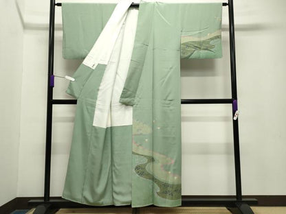平和屋着物●訪問着　流水萩桜文　金彩　正絹　逸品　CABA9702gh