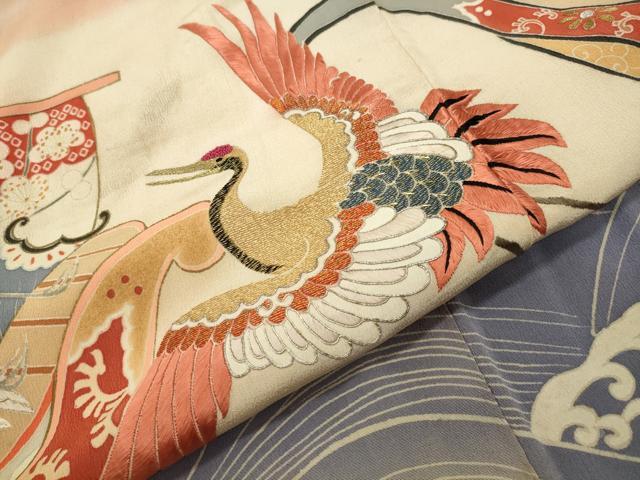 平和屋着物●アンティーク　大正ロマン　中国三大刺繍　相良刺繍　駒刺繍　振袖　宝船飛鶴梅文　暈し染め　金銀彩　正絹　逸品　CABA9765gh 平和屋着物○アンティーク 大正ロマン 中国三大刺繍 相良刺繍 駒刺繍 振袖