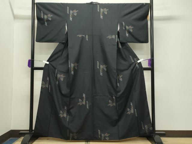 平和屋着物●上質な紬　枝花文　黒地　正絹　逸品　CABA9768gh