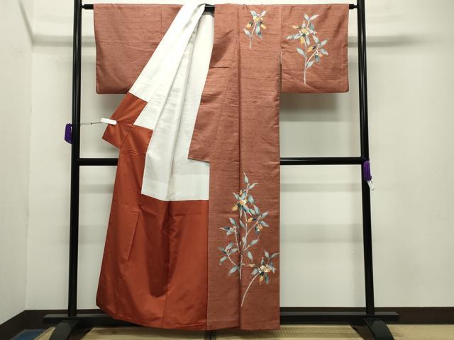平和屋着物●訪問着　紬地　友禅　枝花文　正絹　逸品　CABA9779gh