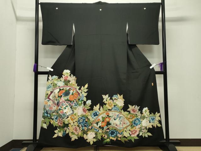 平和屋着物●豪華黒留袖　友禅　作家物　地紙重ね尾長鳥花文　正絹　逸品　CABA9792gh 平和屋着物○豪華黒留袖 友禅 作家物 地紙重ね尾長鳥花