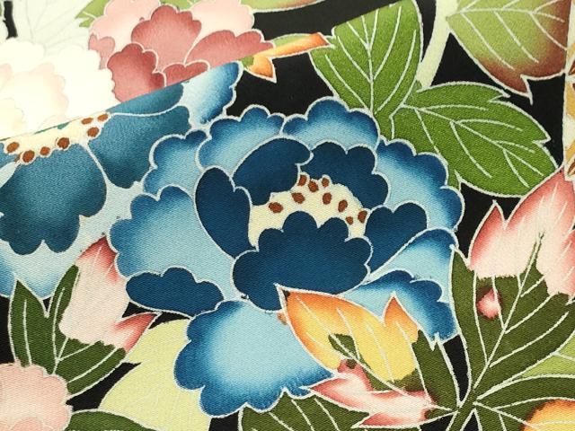 平和屋着物○豪華黒留袖 友禅 作家物 地紙重ね尾長鳥花