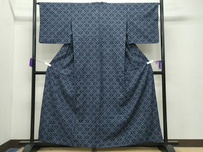 平和屋着物●久留米絣　単衣　木綿の花　七宝文　反端付き　綿　逸品　CABA9816gh