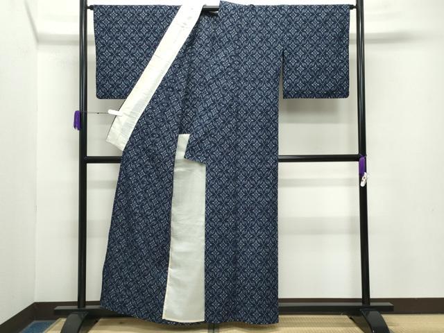 平和屋着物●久留米絣　単衣　木綿の花　七宝文　反端付き　綿　逸品　CABA9816gh