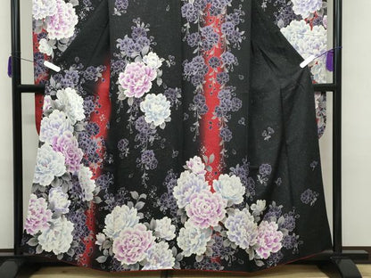 平和屋着物●豪華振袖・長襦袢セット　牡丹舞桜文　暈し染め　黒地　銀通し地　やまと誂製　半衿刺繍　正絹　逸品　CABA9822gh