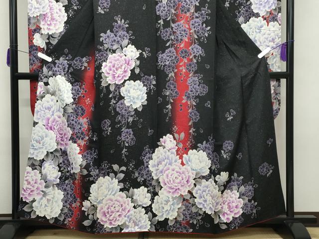 平和屋着物●豪華振袖・長襦袢セット　牡丹舞桜文　暈し染め　黒地　銀通し地　やまと誂製　半衿刺繍　正絹　逸品　CABA9822gh