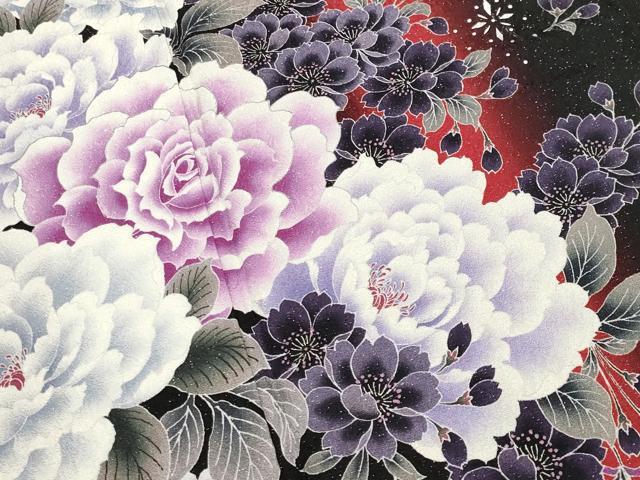 平和屋着物●豪華振袖・長襦袢セット　牡丹舞桜文　暈し染め　黒地　銀通し地　やまと誂製　半衿刺繍　正絹　逸品　CABA9822gh