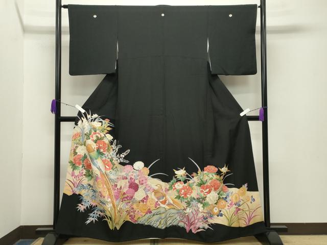 平和屋着物●豪華黒留袖　尾長鳥草花文　暈し染め　金彩　正絹　逸品　CABA9839gh