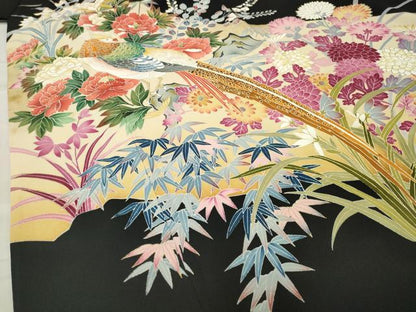 平和屋着物●豪華黒留袖　尾長鳥草花文　暈し染め　金彩　正絹　逸品　CABA9839gh