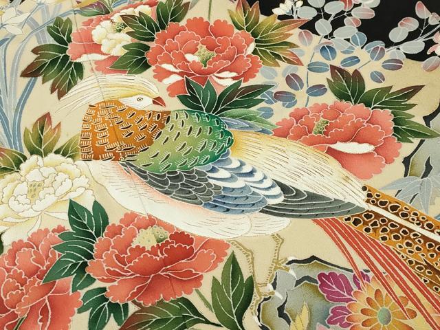 平和屋着物●豪華黒留袖　尾長鳥草花文　暈し染め　金彩　正絹　逸品　CABA9839gh