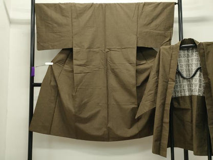 平和屋着物●男性　紬　アンサンブル　霞文　鶯茶色　正絹　逸品　CABA9843gh