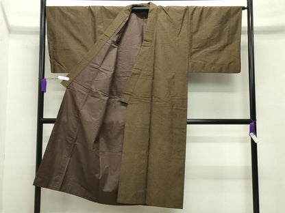 平和屋着物●男性　紬　アンサンブル　霞文　鶯茶色　正絹　逸品　CABA9843gh
