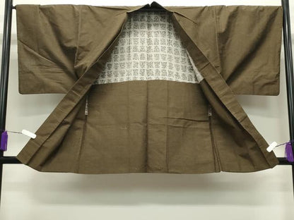 平和屋着物●男性　紬　アンサンブル　霞文　鶯茶色　正絹　逸品　CABA9843gh