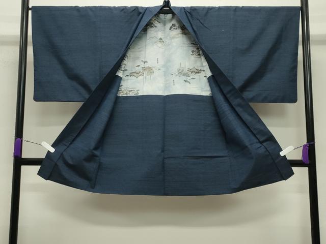 平和屋着物○男性 紬 アンサンブル 霞文 鉄紺色 正絹 逸品 CABA9863gh