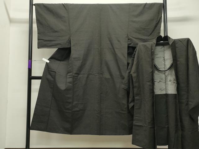 平和屋着物●男性 紬 アンサンブル 憲法黒茶色 正絹 逸品 CABA9864gh