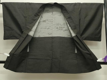 平和屋着物●男性 紬 アンサンブル 憲法黒茶色 正絹 逸品 CABA9864gh