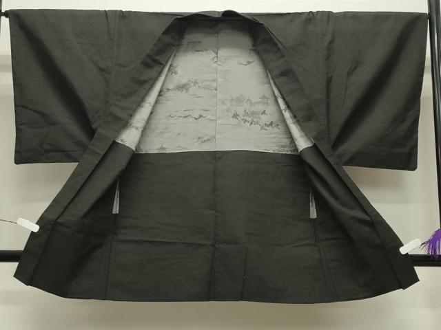 平和屋着物●男性 紬 アンサンブル 憲法黒茶色 正絹 逸品 CABA9864gh