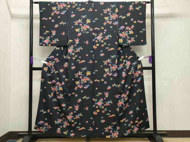 平和屋着物●上質な小紋　型染め　飛鶴松竹梅文　黒地　正絹　逸品　CABA9883gh