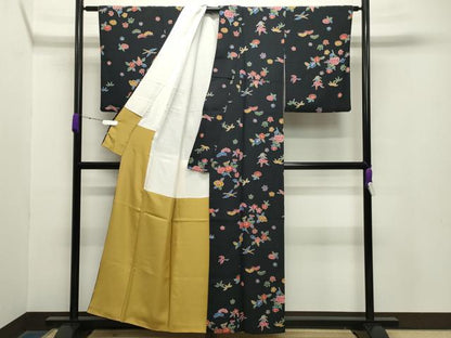 平和屋着物●上質な小紋　型染め　飛鶴松竹梅文　黒地　正絹　逸品　CABA9883gh