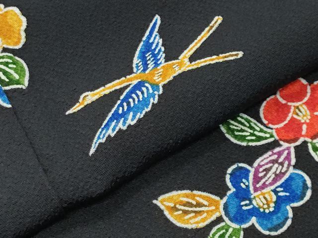 平和屋着物●上質な小紋　型染め　飛鶴松竹梅文　黒地　正絹　逸品　CABA9883gh