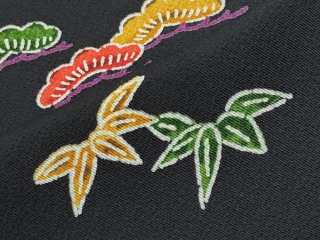 平和屋着物○上質な小紋 型染め 飛鶴松竹梅文 黒地 正絹 逸品