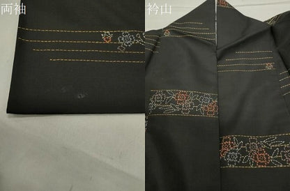 平和屋着物●上質な小紋　紬地　総刺繍　刺し子　横段草花文　黒地　正絹　逸品　CABA9919gh