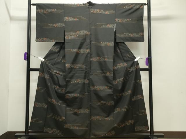 平和屋着物●上質な小紋　紬地　総刺繍　刺し子　横段草花文　黒地　正絹　逸品　CABA9919gh