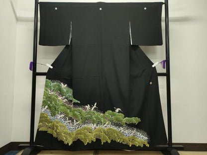 平和屋着物●豪華黒留袖 友禅 作家物 群鶴松梅文 正絹 逸品 CABA9925gh
