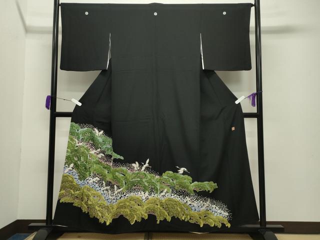平和屋着物●豪華黒留袖 友禅 作家物 群鶴松梅文 正絹 逸品 CABA9925gh