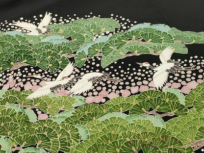平和屋着物●豪華黒留袖 友禅 作家物 群鶴松梅文 正絹 逸品 CABA9925gh