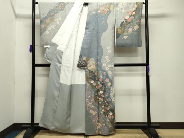 平和屋着物○訪問着 ふくれ織 流水鴛鴦花文 金彩 正絹 逸品 CABA9933gh