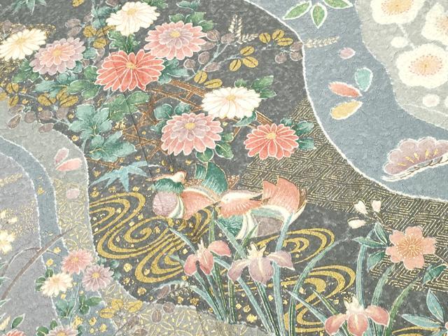 平和屋着物●訪問着　ふくれ織　流水鴛鴦花文　金彩　正絹　逸品　CABA9933gh 平和屋着物○訪問着 ふくれ織 流水鴛鴦花文 金彩 正絹 逸品 CABA9933gh