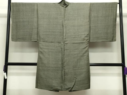 平和屋着物●男性　紬　羽織セット　幾何学文様　着物：赤墨色　羽織：黒緑色　正絹　逸品　CABA9937gh