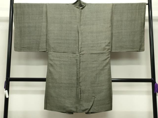 平和屋着物●男性　紬　羽織セット　幾何学文様　着物：赤墨色　羽織：黒緑色　正絹　逸品　CABA9937gh