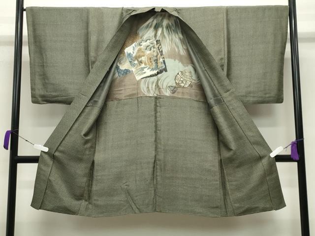 平和屋着物●男性　紬　羽織セット　幾何学文様　着物：赤墨色　羽織：黒緑色　正絹　逸品　CABA9937gh