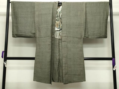 平和屋着物●男性　紬　羽織セット　幾何学文様　着物：赤墨色　羽織：黒緑色　正絹　逸品　CABA9937gh