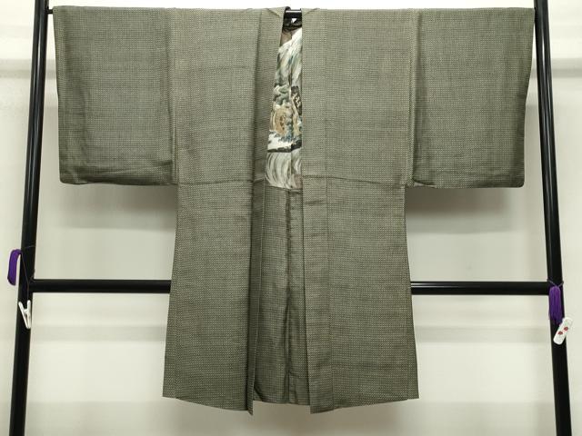 平和屋着物●男性　紬　羽織セット　幾何学文様　着物：赤墨色　羽織：黒緑色　正絹　逸品　CABA9937gh